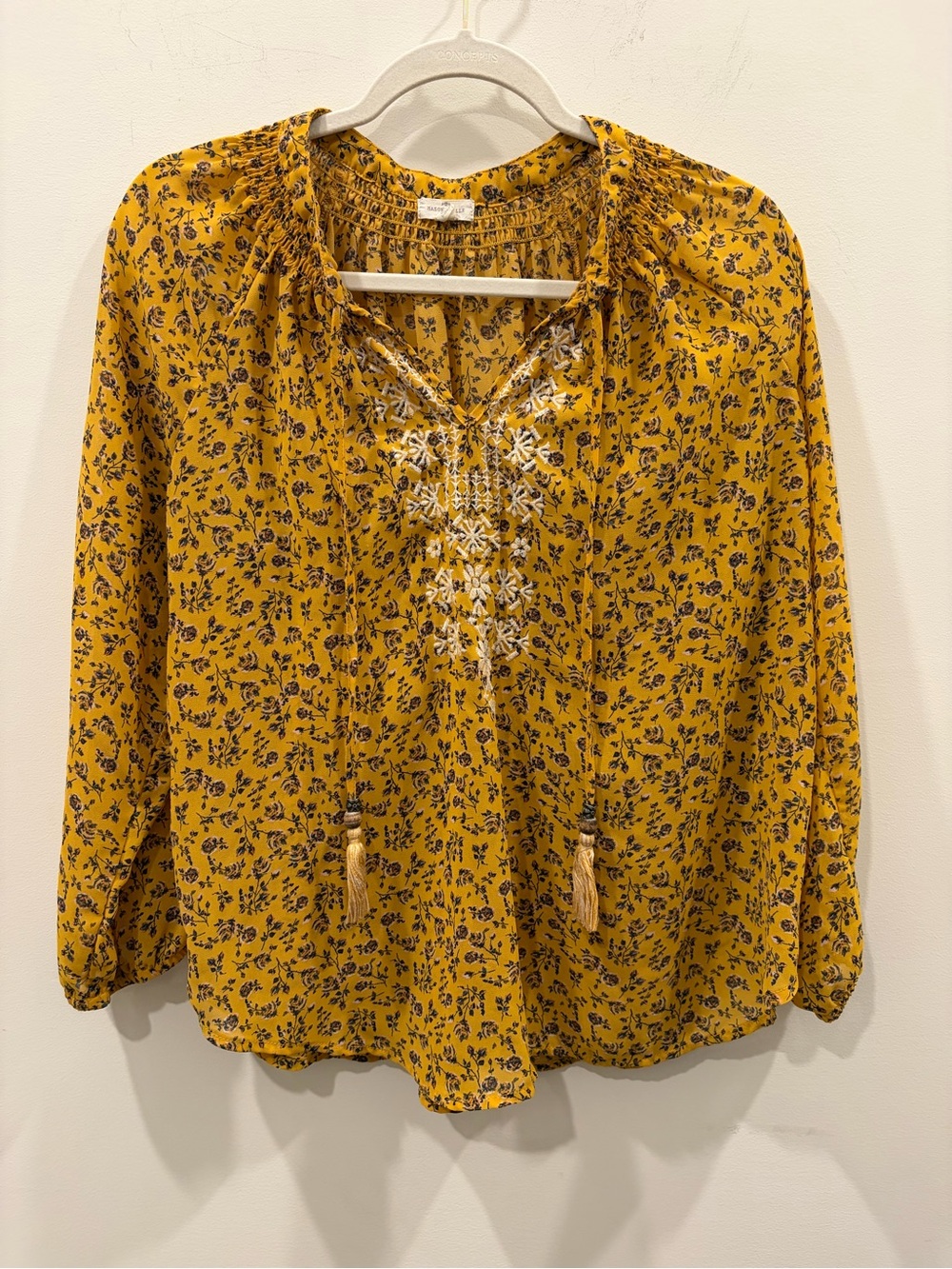 Embroidered Mustard Floral Peasant Blouse with Tassel Tie